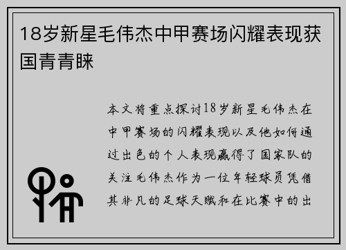 18岁新星毛伟杰中甲赛场闪耀表现获国青青睐