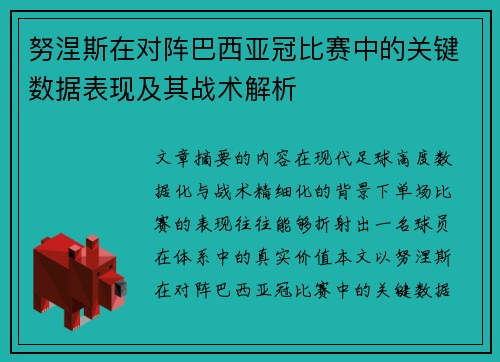 努涅斯在对阵巴西亚冠比赛中的关键数据表现及其战术解析