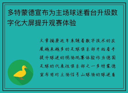 多特蒙德宣布为主场球迷看台升级数字化大屏提升观赛体验