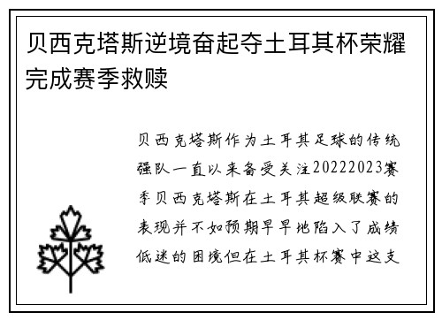 贝西克塔斯逆境奋起夺土耳其杯荣耀完成赛季救赎