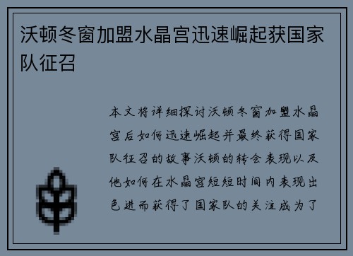沃顿冬窗加盟水晶宫迅速崛起获国家队征召
